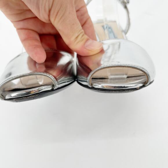 Prada Metallic Silver Leather Heart Cutout Wedge Ankle Strap Sandal size IT 36 - Picture 7 of 16